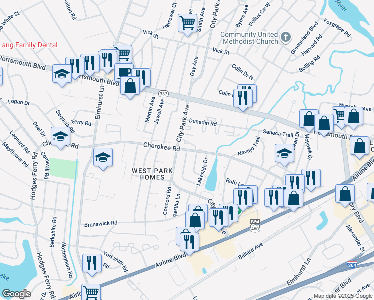 map of restaurants, bars, coffee shops, grocery stores, and more near 709 Cherokee Road in Portsmouth