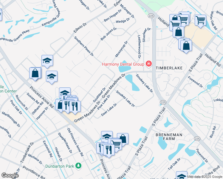 map of restaurants, bars, coffee shops, grocery stores, and more near 713 Pine Lake Drive in Virginia Beach