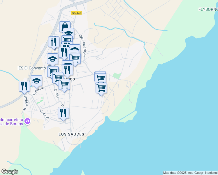 map of restaurants, bars, coffee shops, grocery stores, and more near Calle Granada in Cádiz
