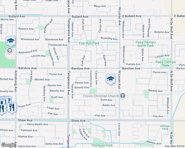 map of restaurants, bars, coffee shops, grocery stores, and more near 1343 Coventry Avenue in Clovis