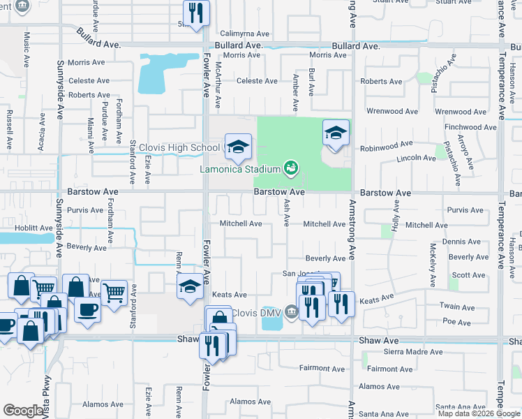 map of restaurants, bars, coffee shops, grocery stores, and more near 1927 Mitchell Avenue in Clovis