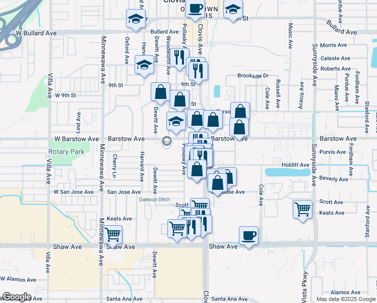 map of restaurants, bars, coffee shops, grocery stores, and more near 1331 Pollasky Avenue in Clovis