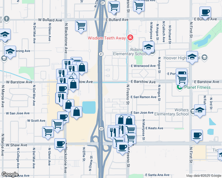 map of restaurants, bars, coffee shops, grocery stores, and more near 251 East Barstow Avenue in Fresno