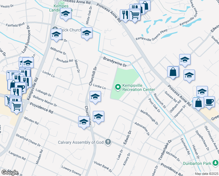 map of restaurants, bars, coffee shops, grocery stores, and more near 801 Monmouth Lane in Virginia Beach