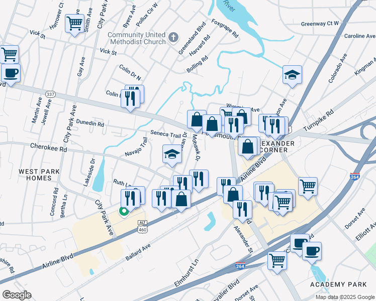 map of restaurants, bars, coffee shops, grocery stores, and more near 5 Chippewa Trail in Portsmouth