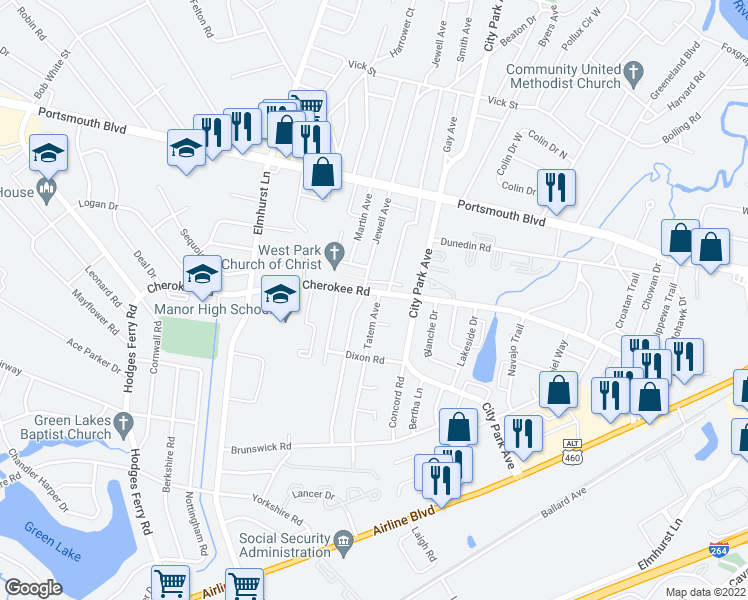 map of restaurants, bars, coffee shops, grocery stores, and more near 1105 Tatem Avenue in Portsmouth