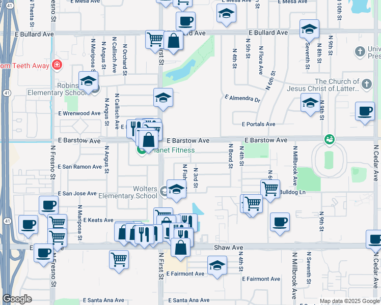 map of restaurants, bars, coffee shops, grocery stores, and more near 5361 North 3rd Street in Fresno