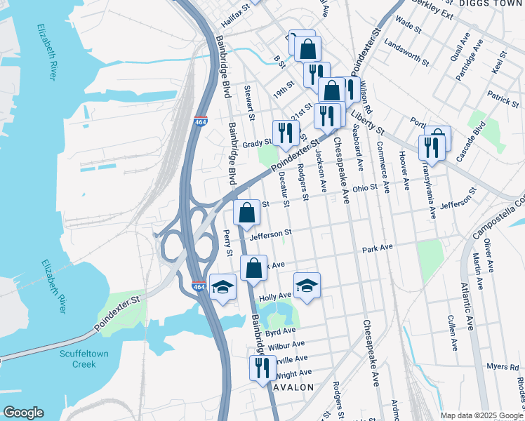map of restaurants, bars, coffee shops, grocery stores, and more near 1219 Stewart Street in Chesapeake