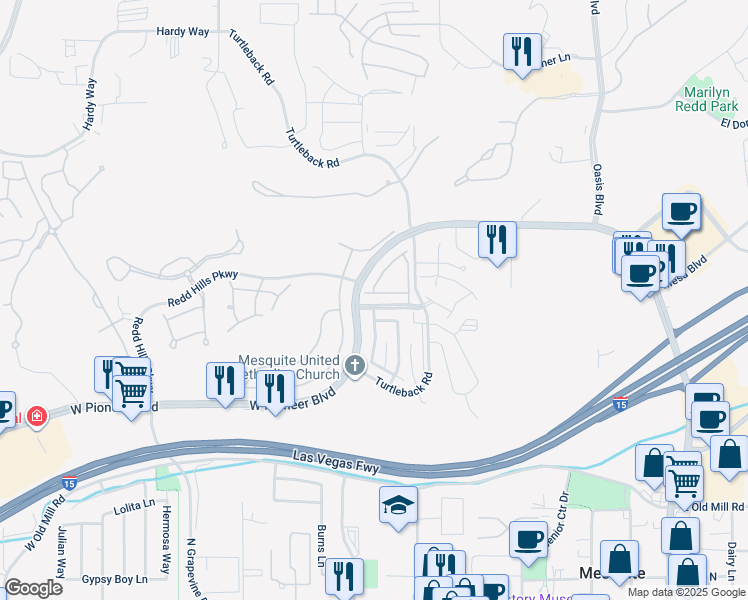 map of restaurants, bars, coffee shops, grocery stores, and more near 434 Crystal Canyon Drive in Mesquite