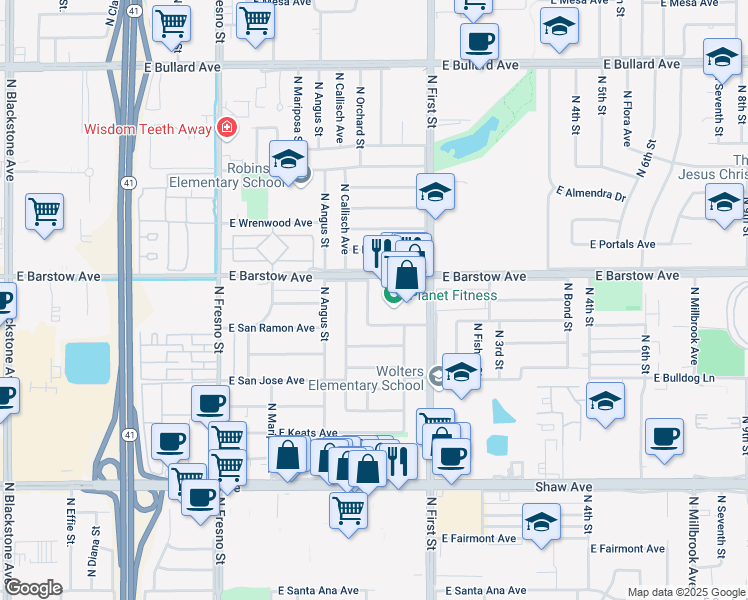 map of restaurants, bars, coffee shops, grocery stores, and more near 5330 North Orchard Street in Fresno