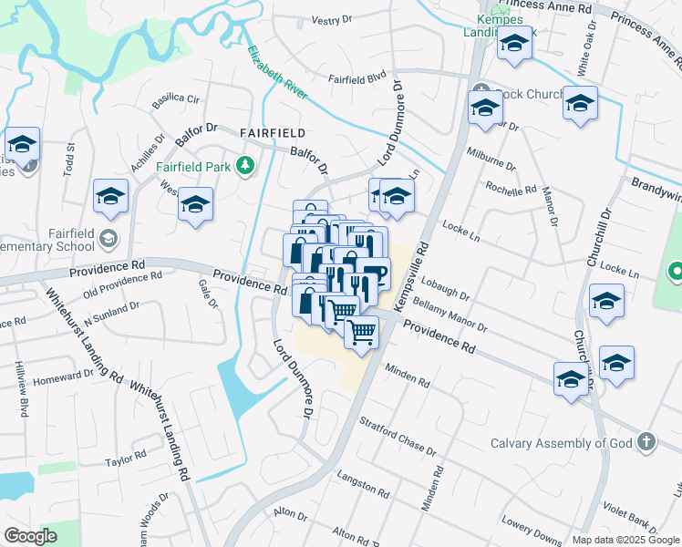 map of restaurants, bars, coffee shops, grocery stores, and more near 5242 Fairfield Shopping Centre in Virginia Beach
