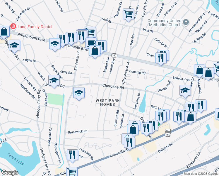 map of restaurants, bars, coffee shops, grocery stores, and more near 1105 Tatem Avenue in Portsmouth