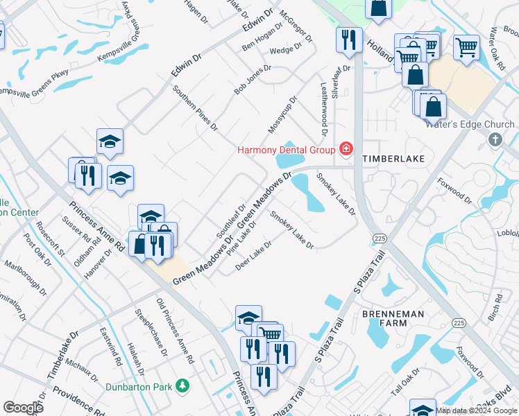 map of restaurants, bars, coffee shops, grocery stores, and more near 713 Pine Lake Drive in Virginia Beach