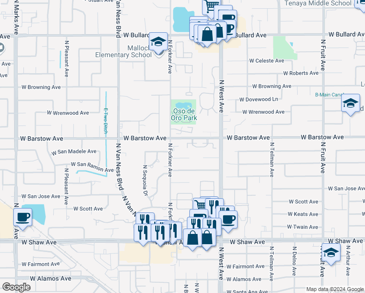 map of restaurants, bars, coffee shops, grocery stores, and more near 2127 West Barstow Avenue in Fresno