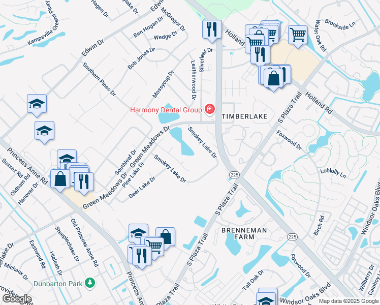 map of restaurants, bars, coffee shops, grocery stores, and more near 604 Whispering Willow Court in Virginia Beach