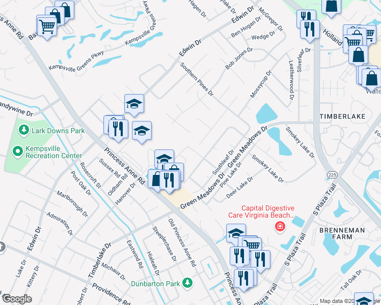 map of restaurants, bars, coffee shops, grocery stores, and more near 4529 Lodgepole Drive in Virginia Beach