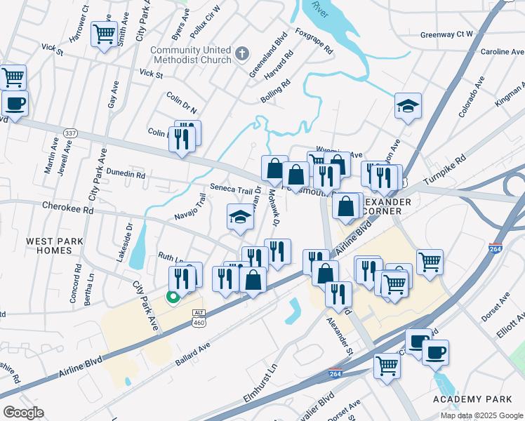 map of restaurants, bars, coffee shops, grocery stores, and more near 5 Chippewa Trail in Portsmouth