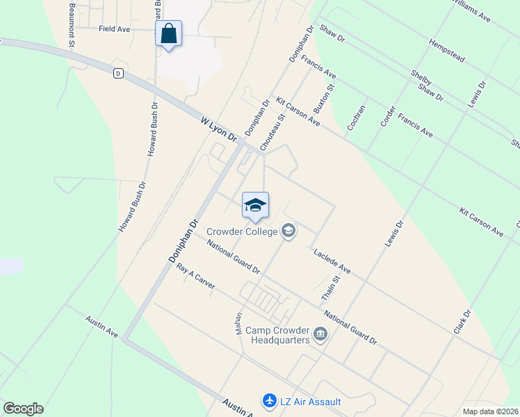 map of restaurants, bars, coffee shops, grocery stores, and more near 601 Laclede Avenue in Neosho