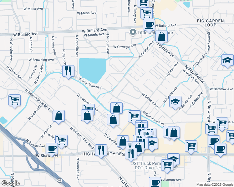 map of restaurants, bars, coffee shops, grocery stores, and more near 5354 North Salinas Avenue in Fresno