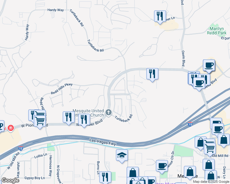 map of restaurants, bars, coffee shops, grocery stores, and more near 497 Canyon Drive in Mesquite