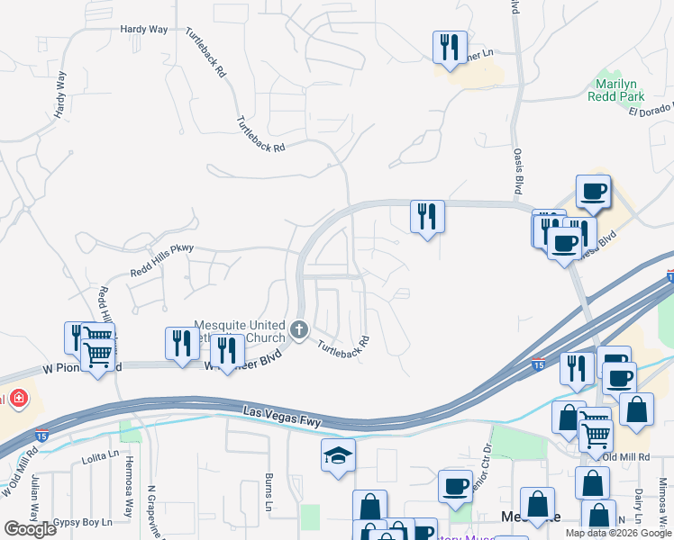 map of restaurants, bars, coffee shops, grocery stores, and more near 490 Canyon View Way in Mesquite