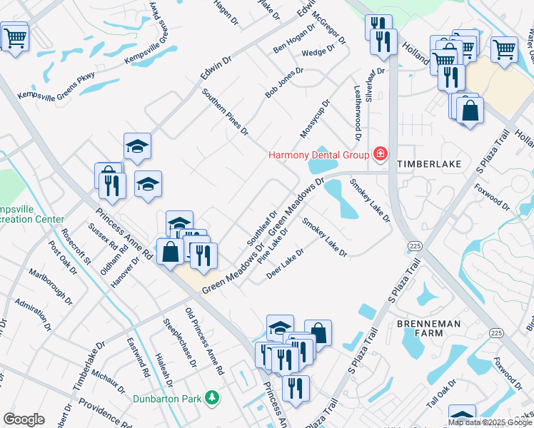 map of restaurants, bars, coffee shops, grocery stores, and more near 721 Southleaf Drive in Virginia Beach