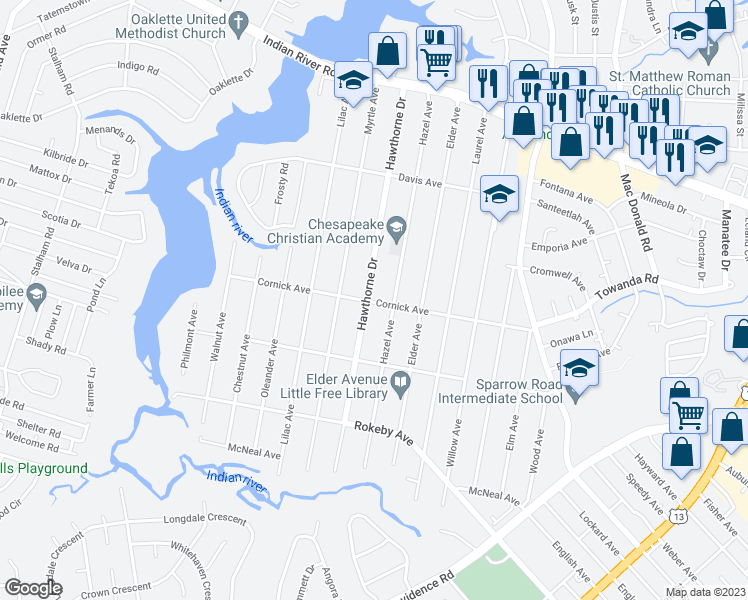 map of restaurants, bars, coffee shops, grocery stores, and more near 1324 Hawthorne Drive in Chesapeake