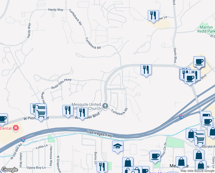 map of restaurants, bars, coffee shops, grocery stores, and more near 497 Canyon Drive in Mesquite
