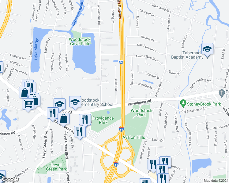 map of restaurants, bars, coffee shops, grocery stores, and more near 755 Driskill Court in Virginia Beach