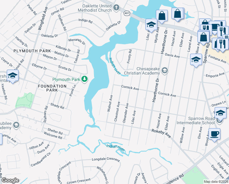 map of restaurants, bars, coffee shops, grocery stores, and more near 1419 Walnut Avenue in Chesapeake