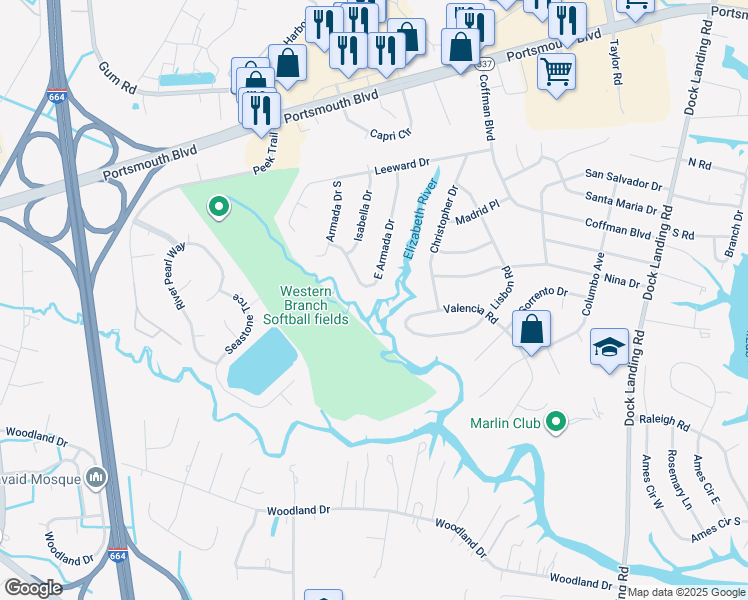 map of restaurants, bars, coffee shops, grocery stores, and more near 2121 Armada Drive South in Chesapeake