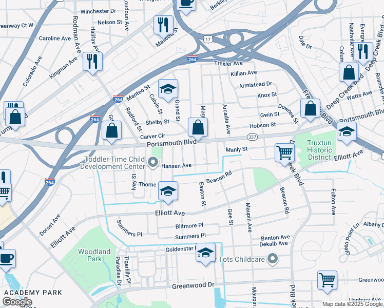 map of restaurants, bars, coffee shops, grocery stores, and more near 118 Grand Street in Portsmouth