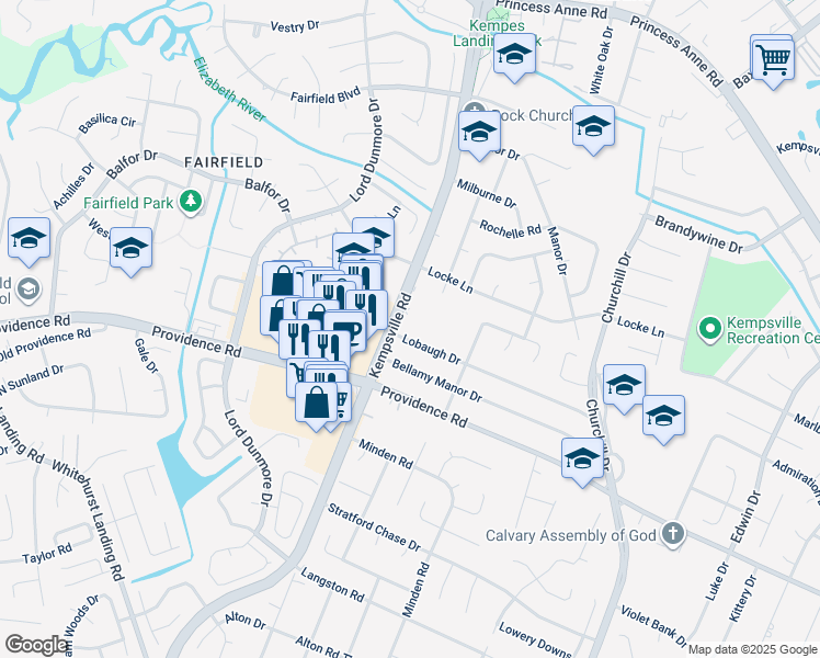 map of restaurants, bars, coffee shops, grocery stores, and more near 840 Kempsville Road in Virginia Beach