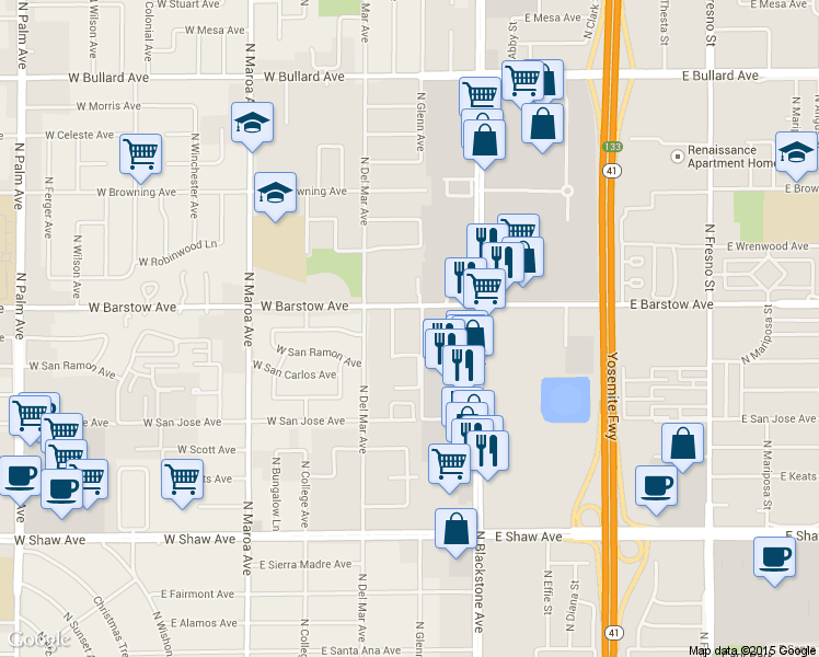 map of restaurants, bars, coffee shops, grocery stores, and more near 109 West Barstow Avenue in Fresno