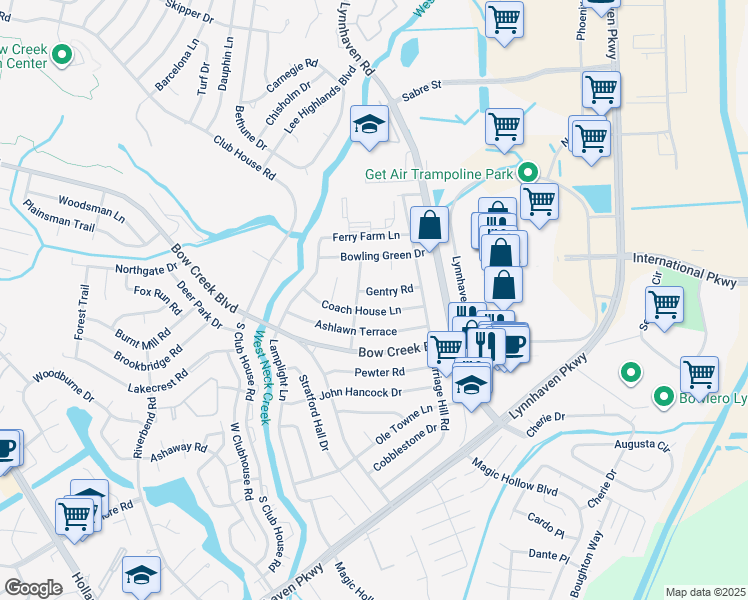 map of restaurants, bars, coffee shops, grocery stores, and more near 3033 Coach House Lane in Virginia Beach