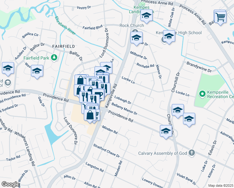 map of restaurants, bars, coffee shops, grocery stores, and more near 5153 Lobaugh Drive in Virginia Beach