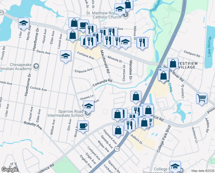map of restaurants, bars, coffee shops, grocery stores, and more near 4332 Fontana Avenue in Chesapeake