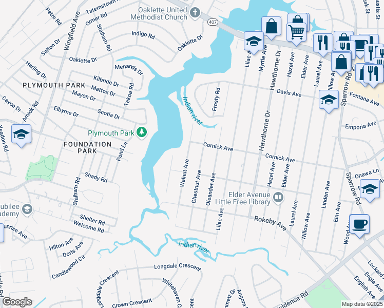 map of restaurants, bars, coffee shops, grocery stores, and more near 1419 Walnut Avenue in Chesapeake