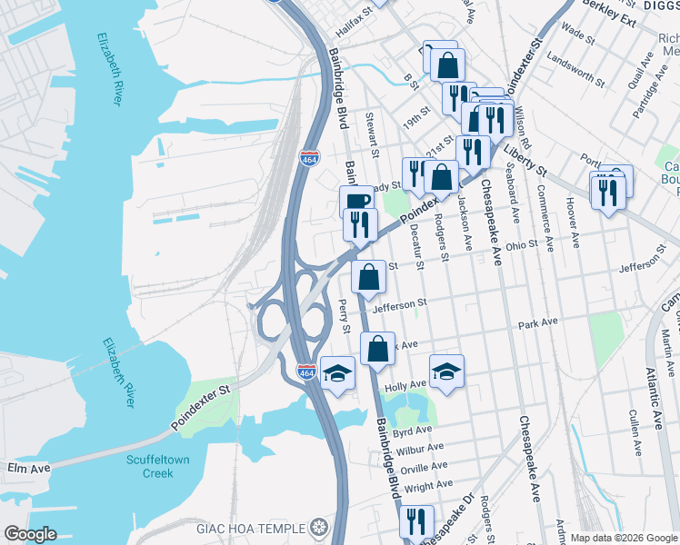 map of restaurants, bars, coffee shops, grocery stores, and more near 1208 Perry Street in Chesapeake