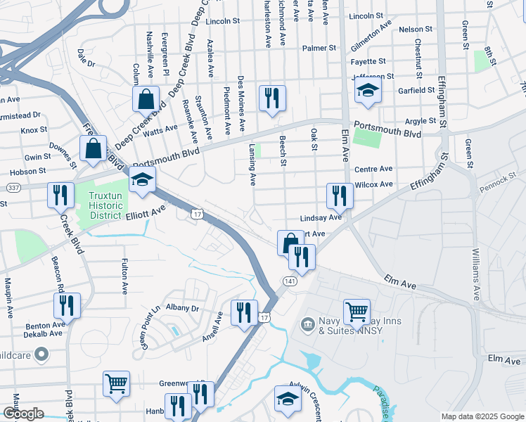 map of restaurants, bars, coffee shops, grocery stores, and more near 1520 Lindsay Avenue in Portsmouth