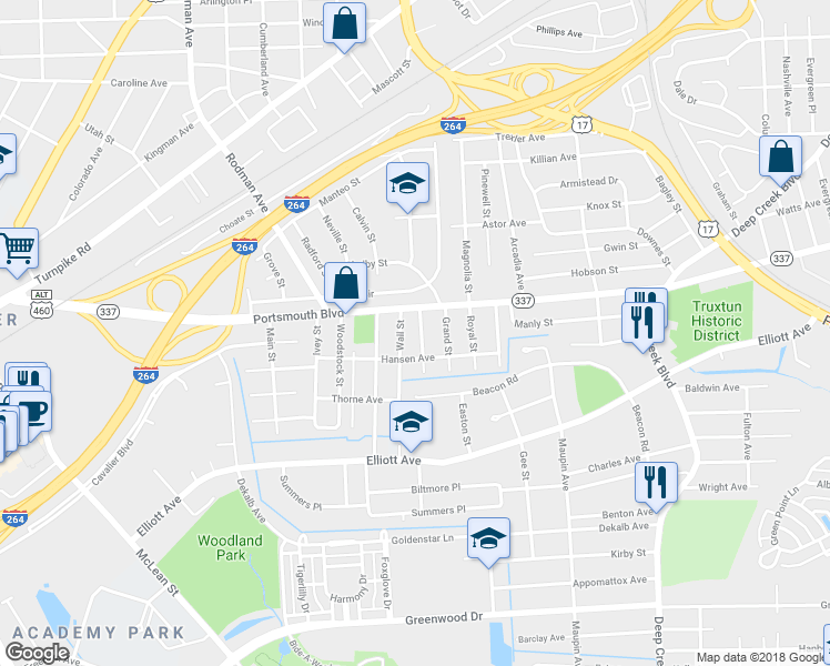 map of restaurants, bars, coffee shops, grocery stores, and more near 20 Noble Street in Portsmouth
