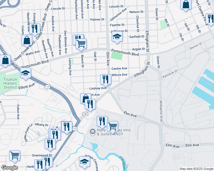 map of restaurants, bars, coffee shops, grocery stores, and more near 3110 Elm Avenue in Portsmouth