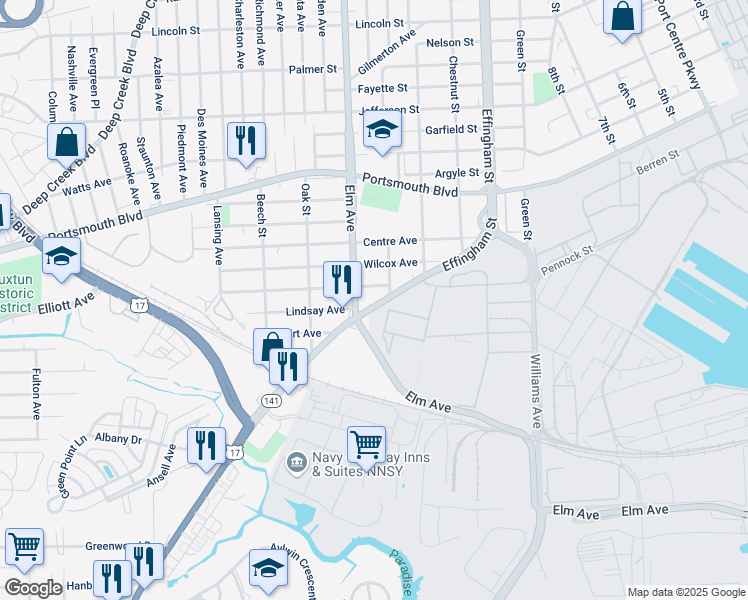 map of restaurants, bars, coffee shops, grocery stores, and more near 3108 George Washington Highway in Portsmouth