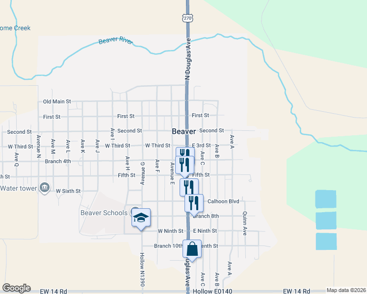 map of restaurants, bars, coffee shops, grocery stores, and more near 320 Douglas Avenue in Beaver