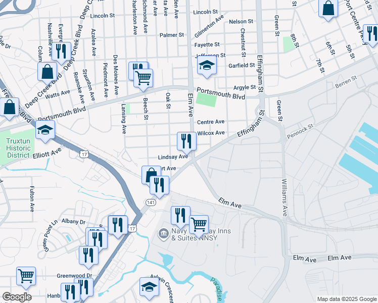 map of restaurants, bars, coffee shops, grocery stores, and more near 3110 Elm Avenue in Portsmouth