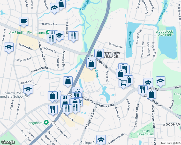 map of restaurants, bars, coffee shops, grocery stores, and more near 880 South Military Highway in Virginia Beach