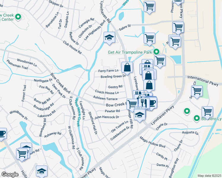 map of restaurants, bars, coffee shops, grocery stores, and more near 3033 Coach House Lane in Virginia Beach