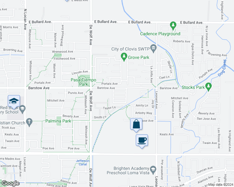 map of restaurants, bars, coffee shops, grocery stores, and more near 3521 Magnificent Way in Clovis