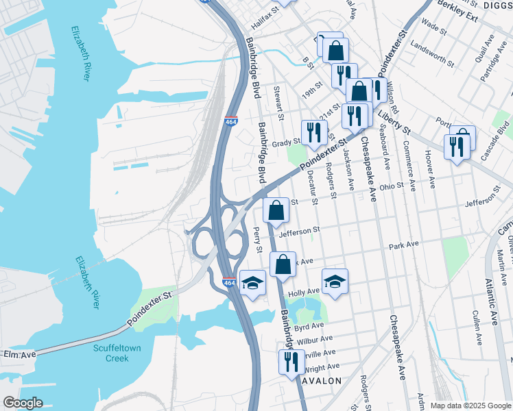 map of restaurants, bars, coffee shops, grocery stores, and more near 1151 Perry Street in Chesapeake