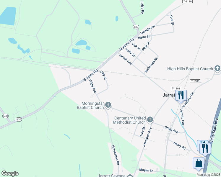 map of restaurants, bars, coffee shops, grocery stores, and more near 398 Gray Street in Jarratt